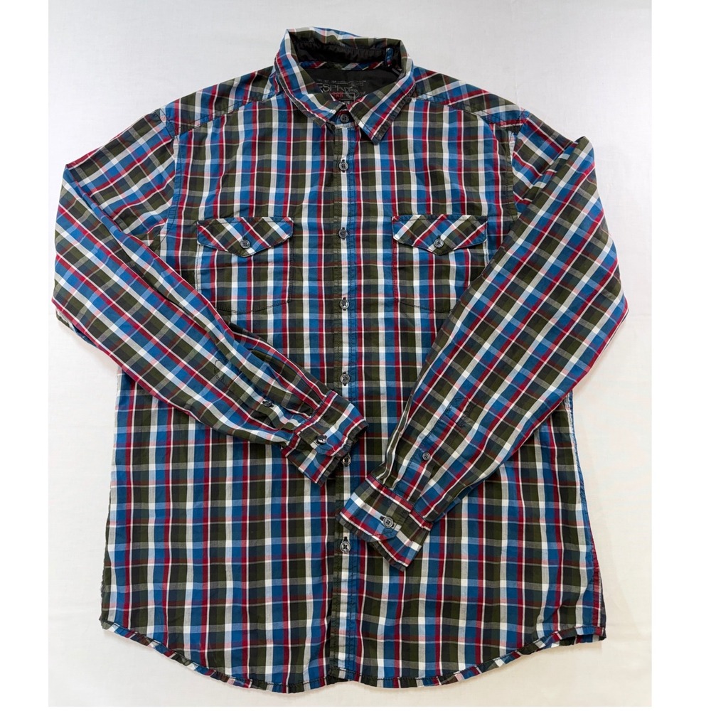 Esprit Urban Fit Mens‎ L Plaid Button Down Blue Red Green Cotton Long Sleeve